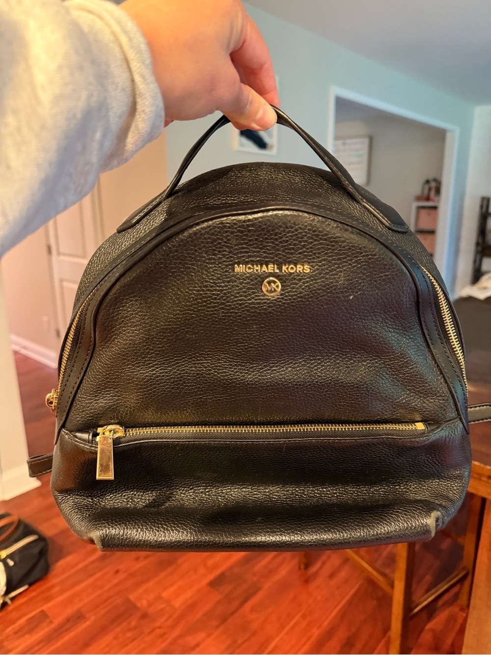 Michael Kors Black Pebbled Leather Backpack with Gold Hardware